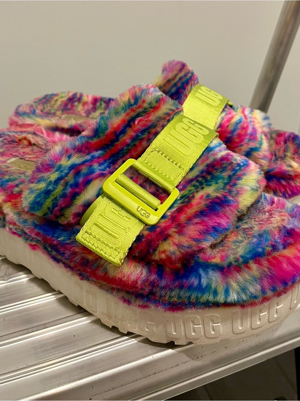UGG Fluffita Pixelate Multicolor Faux-Fur Slide with Neon Yellow Strap
